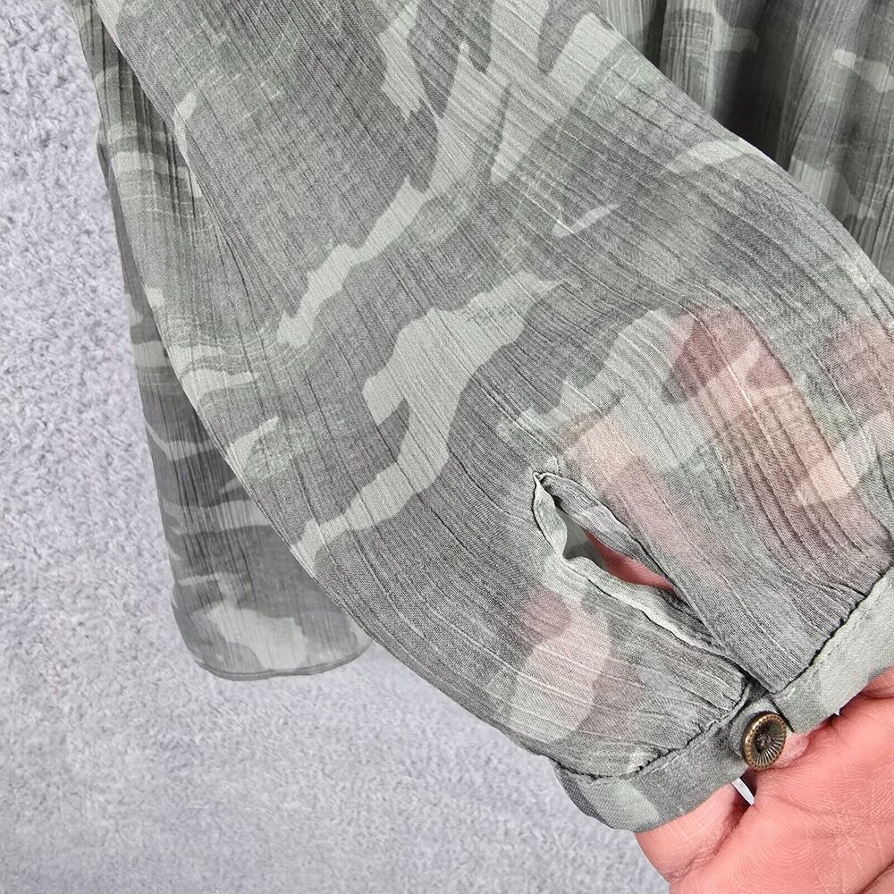 Maurices Smocked Sheer Top Camo L Henley Peplum Blouse Babydoll Western Green - Picture 5 of 8